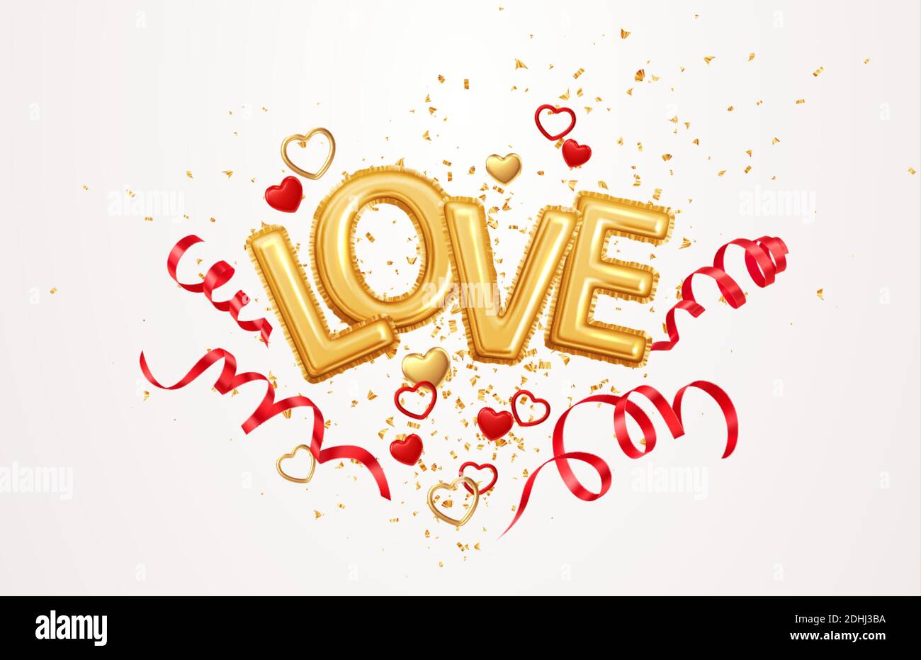 Inscription love helium balloons on a background of golden confetti and red swirling streamer ribbons Happy Valentines Day festive background. Vector Stock Vector