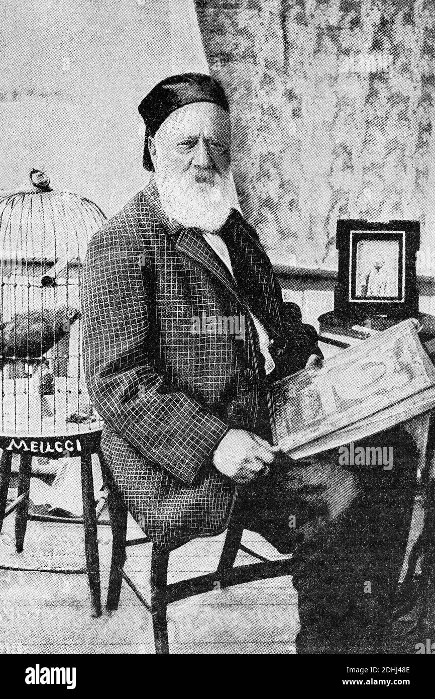Antonio Meucci. Italian inventor, inventing a telephone-like device. 1808-1889. Antique illustration. 1899. Stock Photo