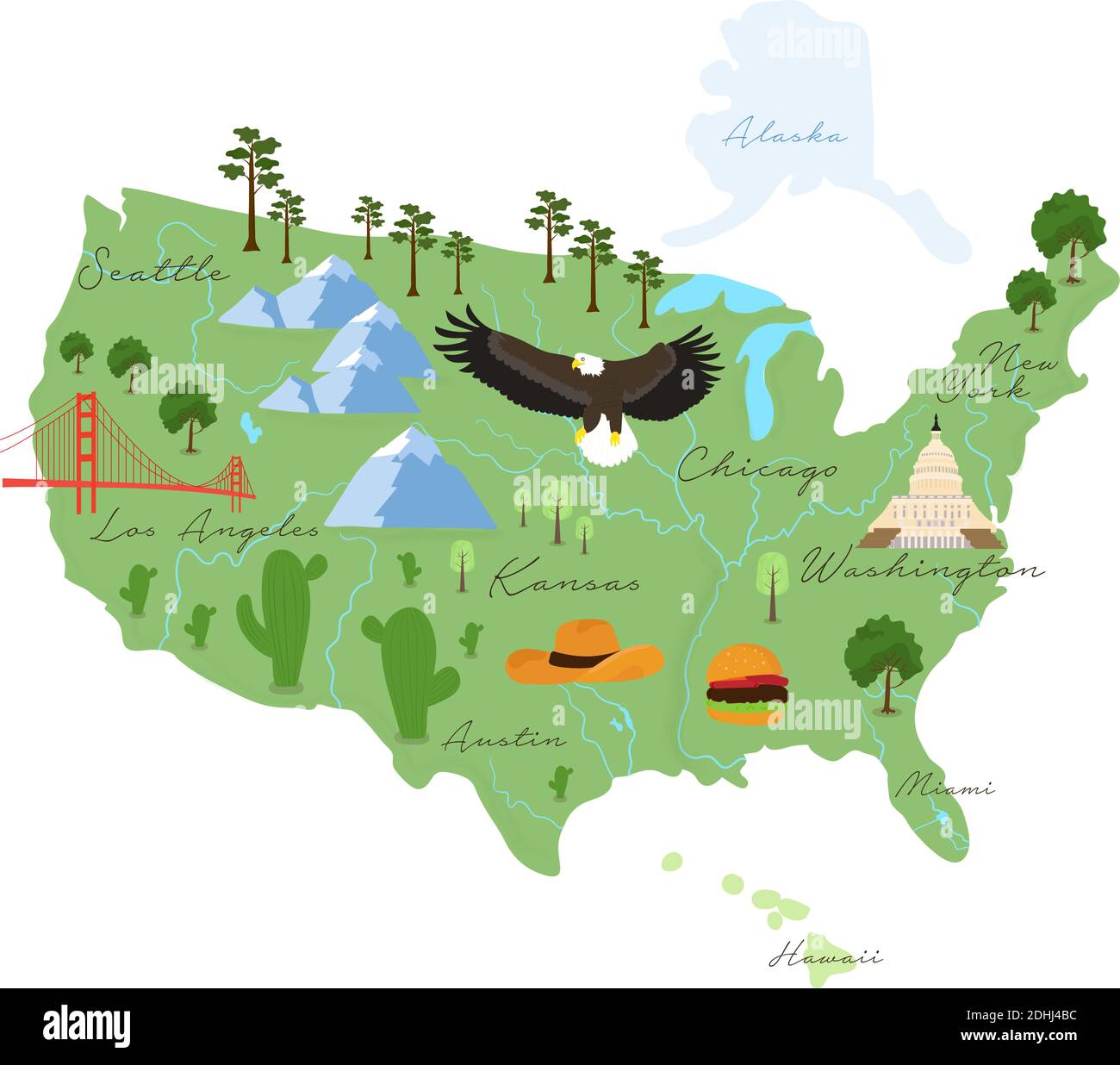Tourist infographics about America. Cartoon map of USA. Travel illustration  with landmarks, rivers, food and plants. National symbols. Famous attracti  Stock Vector Image & Art - Alamy