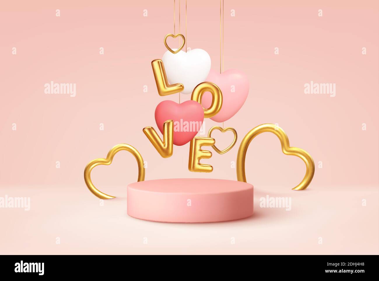 Empty pink product podium scene with pink and white heart shape balloons and gold word love balloons. Design concept for Happy Valentines Day. Vector Stock Vector