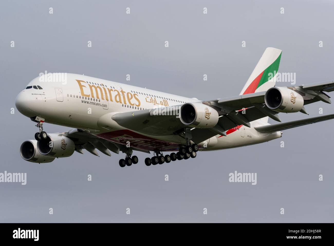 New Emirates Airbis A380 jet airliner plane A6-EVL. Only second A380 delivered from factory in 2020, and the last customer before A380 production ends Stock Photo