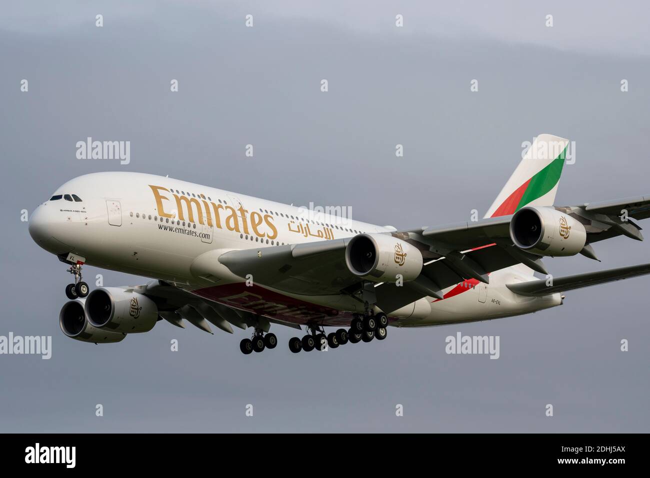 New Emirates Airbis A380 jet airliner plane A6-EVL. Only second A380 delivered from factory in 2020, and the last customer before A380 production ends Stock Photo