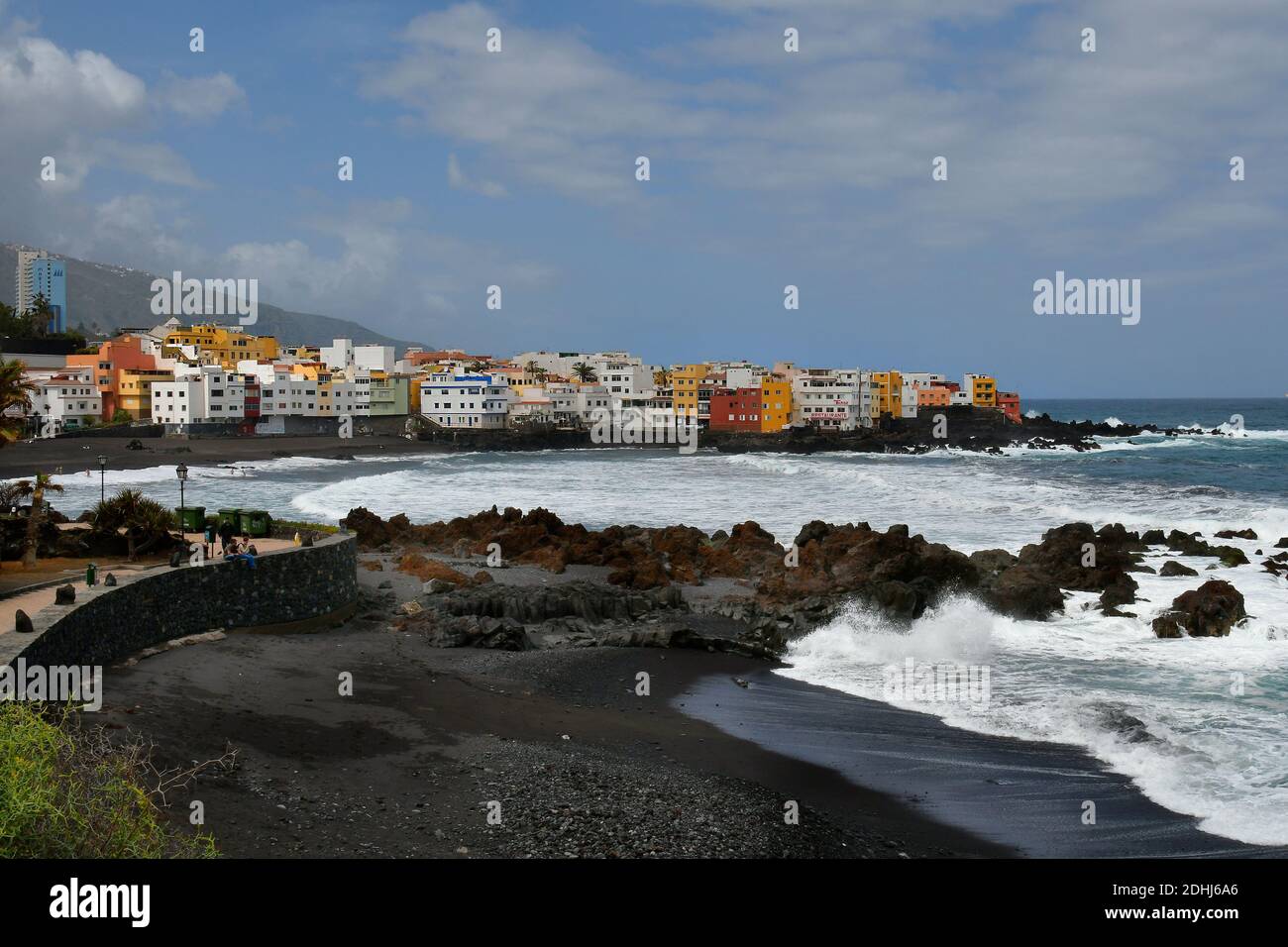 Tenerife, Canary Islands, Spain - April 09, 2018: Unidentified people on beach Playa Jardin in Puerto de la Cruz Stock Photo