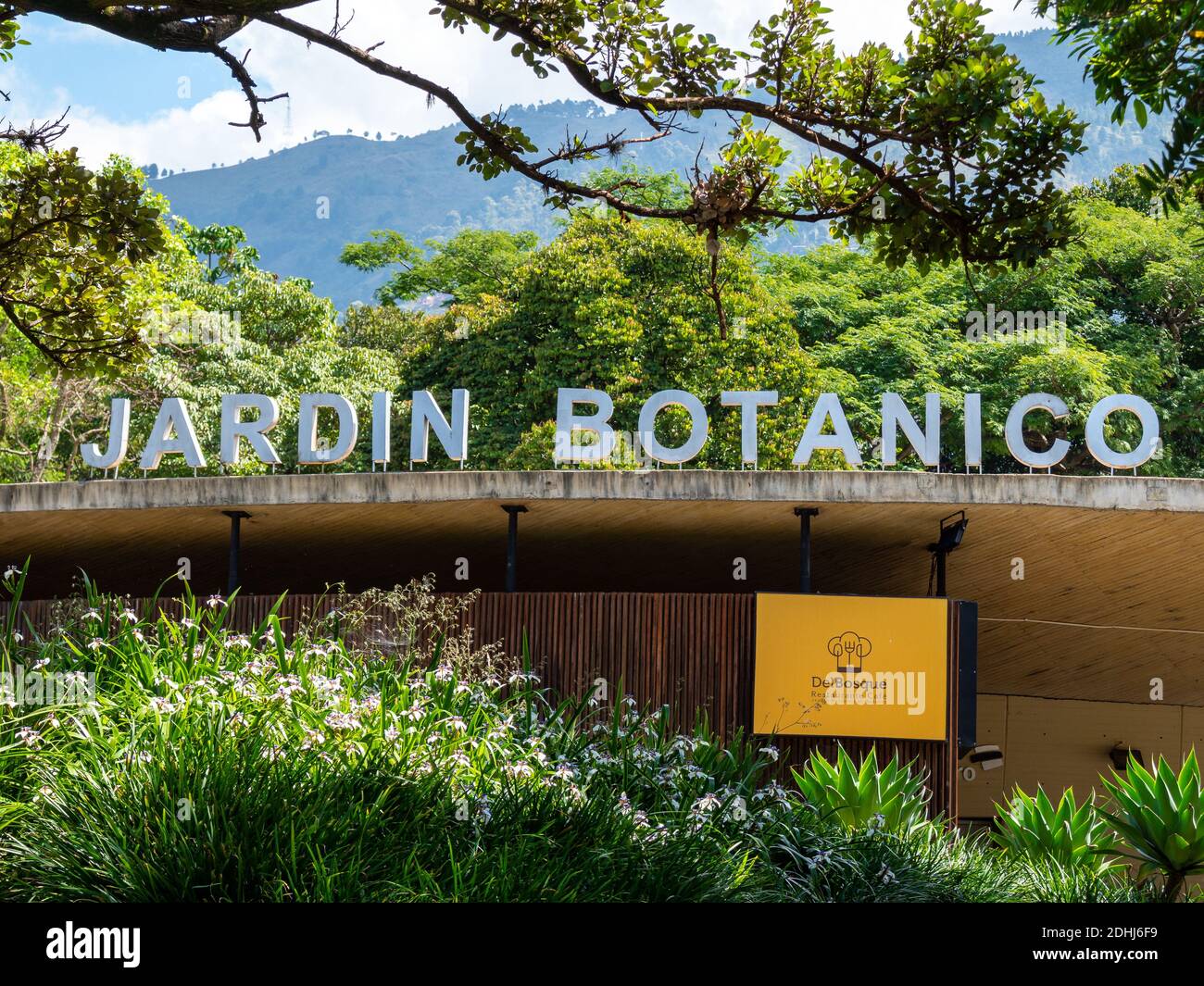 MEDELLIN, COLOMBIA - Dec 03, 2020: Medellin, Antioquia, Colombia - December 2 2020: Sign of the City's Botanical Garden Surrounded by Trees and Plants Stock Photo