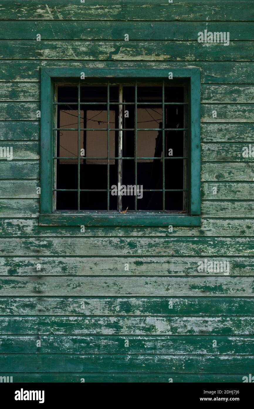 detail of a green wooden shack with a window Stock Photo