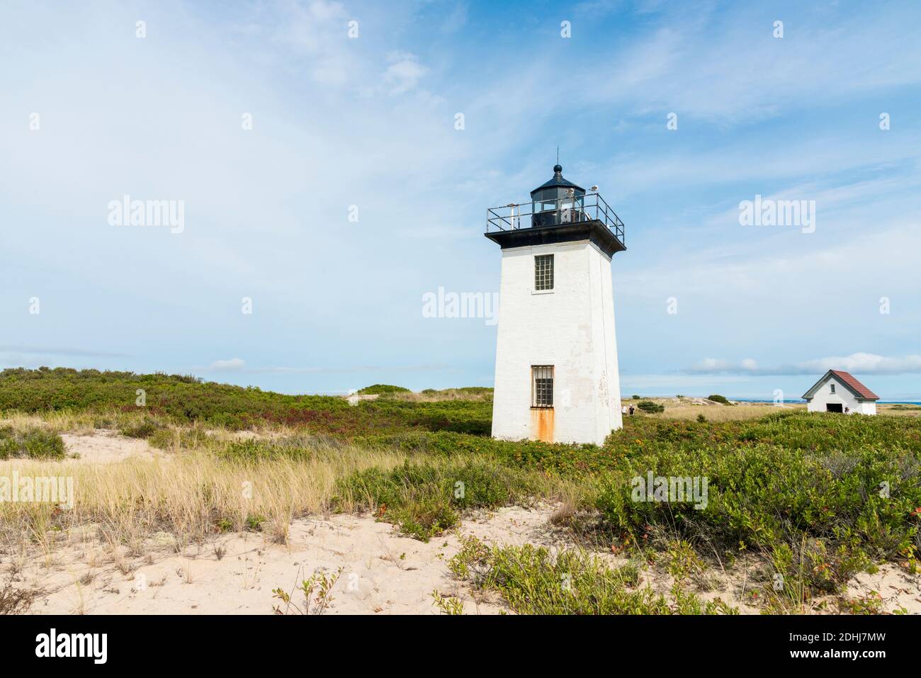 A view of the Wood End lighthouse and grasses along the beach along the