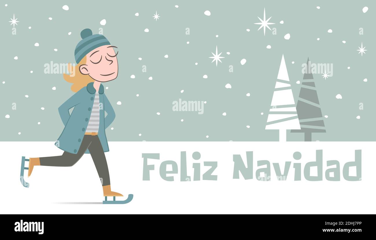 Christmas greeting in retro style with a girl ice skating. The text is