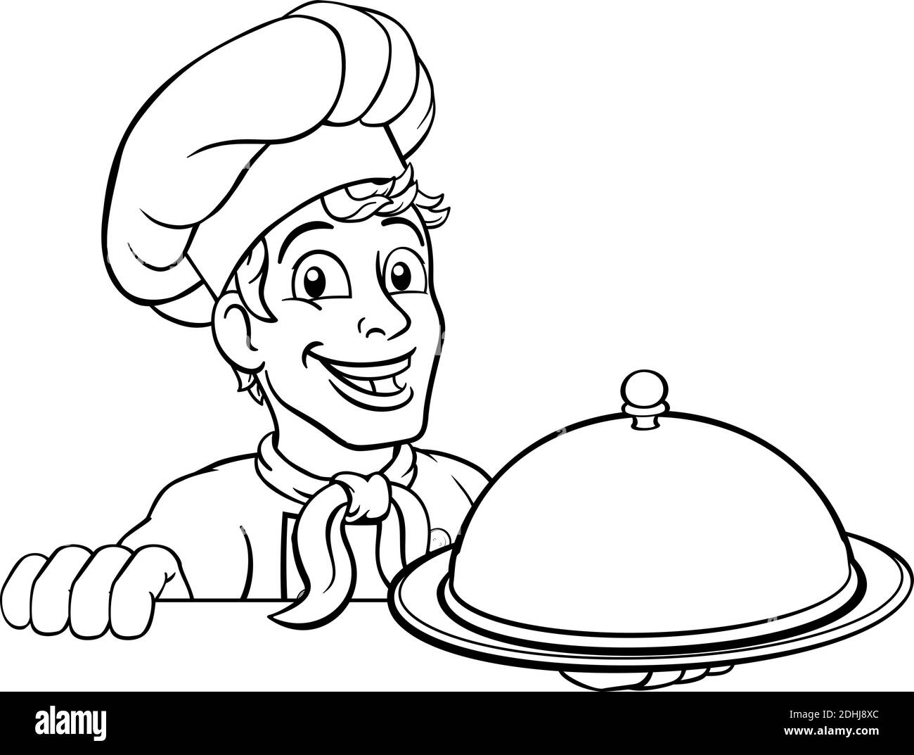 Chef Cook Baker Man Cartoon Holding Domed Tray Stock Vector