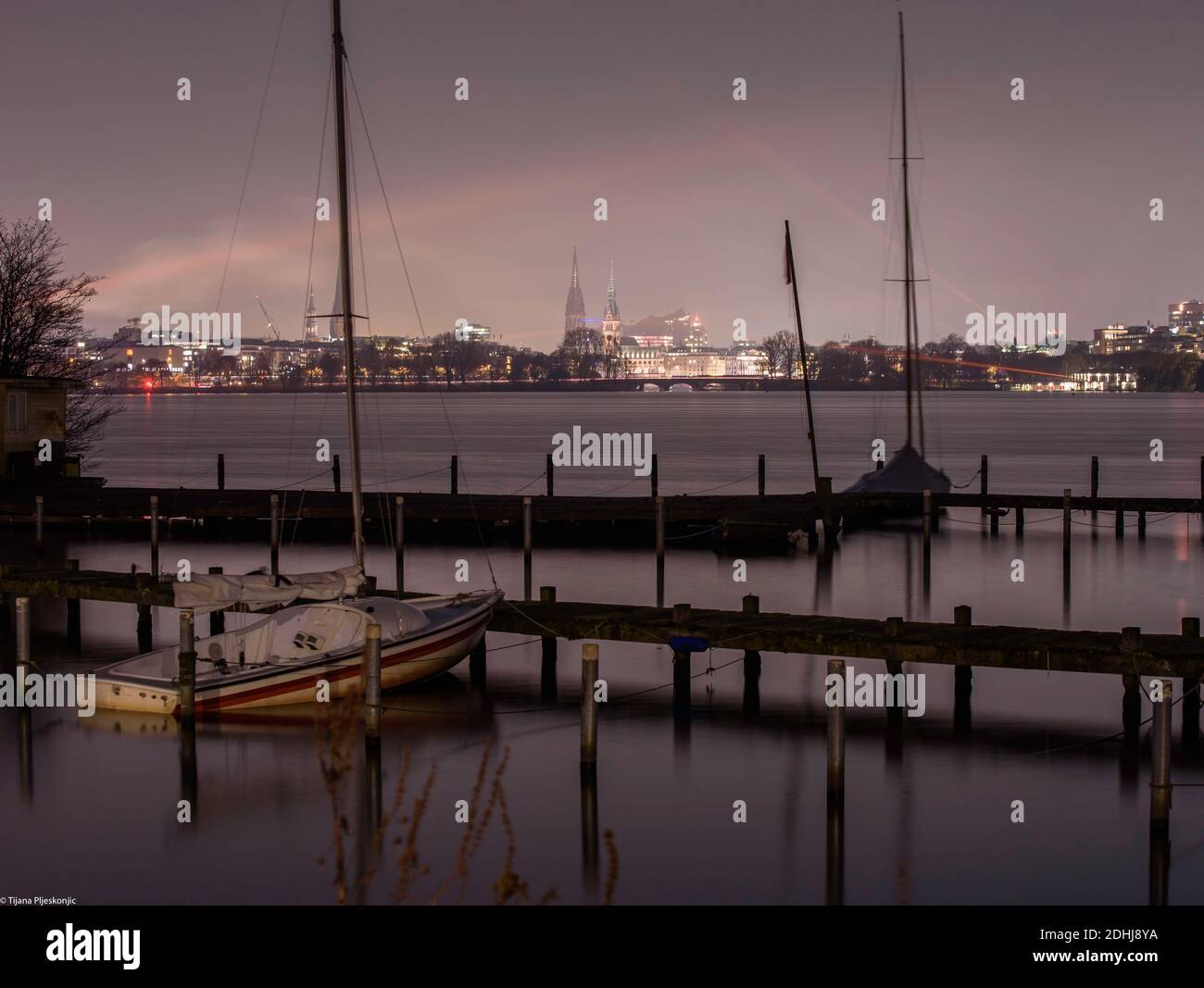 Cold but enlightened November evenings on Alster Stock Photo