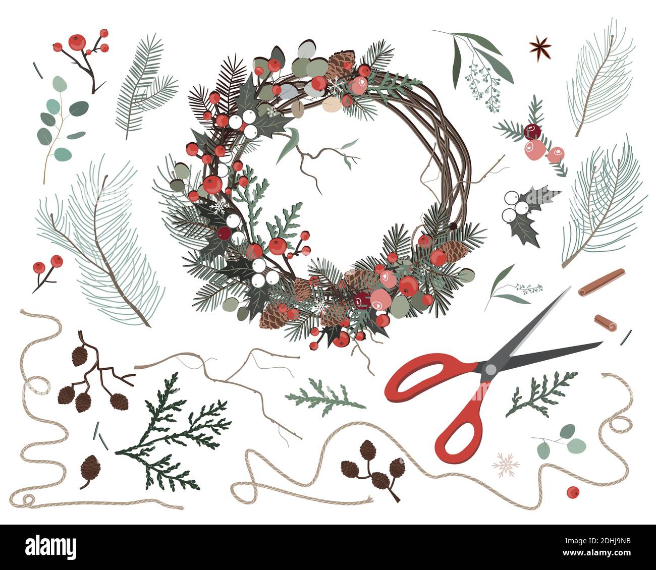 Nature components Christmas wreath made of natural eco decorations. Vector illustration. Making of Xmas decoration Stock Vector