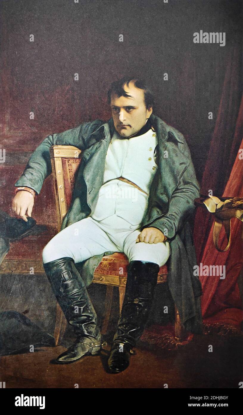 Portrait of Napoleon I after his farewell to Fontainebleau by Paul Delaroche painted in 1840. It was printed in the encyclopaedia 'Histoire de France Stock Photo