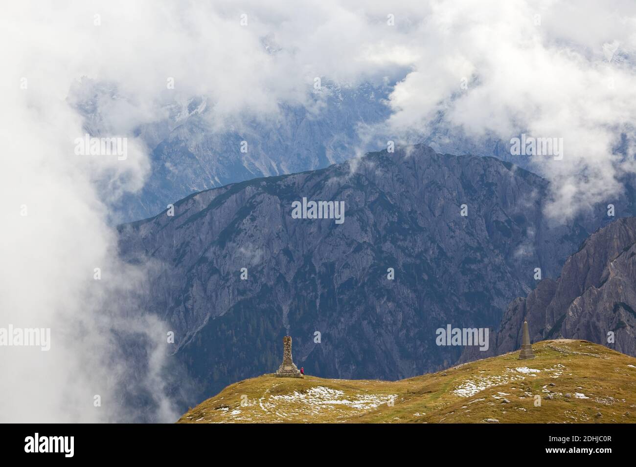 Walkers and monuments, Trentino-Alto Adige, South Tyrol in Bolzano district, Alta Pusteria, Hochpustertal,Sexten Dolomites, Italy Stock Photo