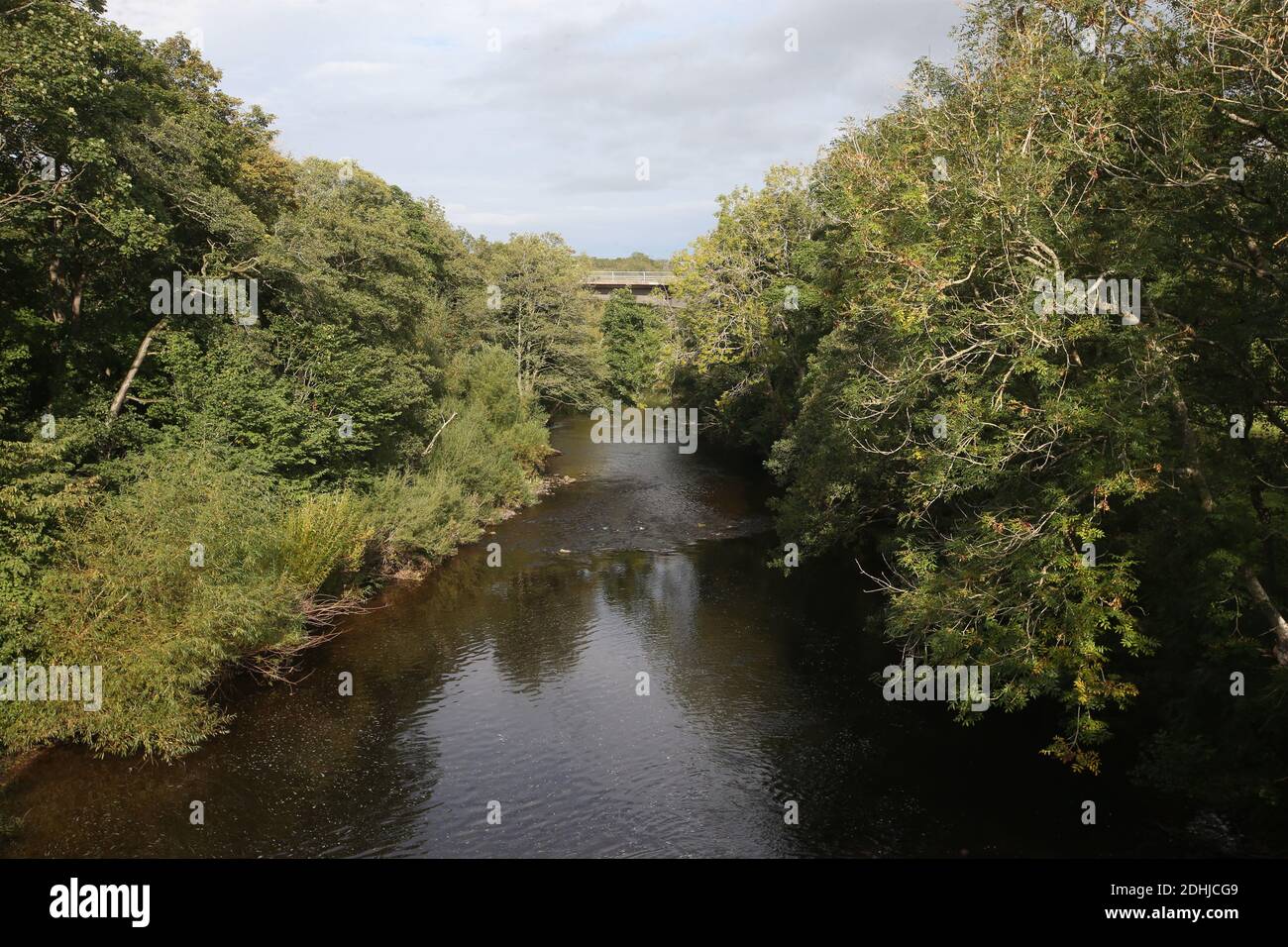 The River Coquet passes under the A697 road bridge at Weldon Bridge.Saturday 3rd October 2020. Stock Photo
