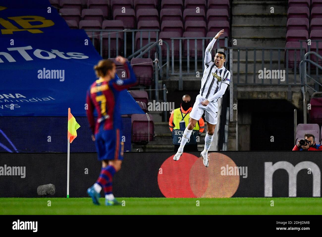 Barcelona, Spain - 08 December, 2020: Cristiano Ronaldo of Juventus FC  celebrates after scoring a goal from a penalty kick during the UEFA  Champions League Group G football match between FC Barcelona