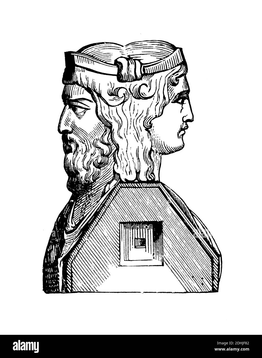 Original artwork of Janus, the god of beginnings and transitions,gates, doors, passages, endings and time in Roman religion. Published in A pictorial Stock Photo