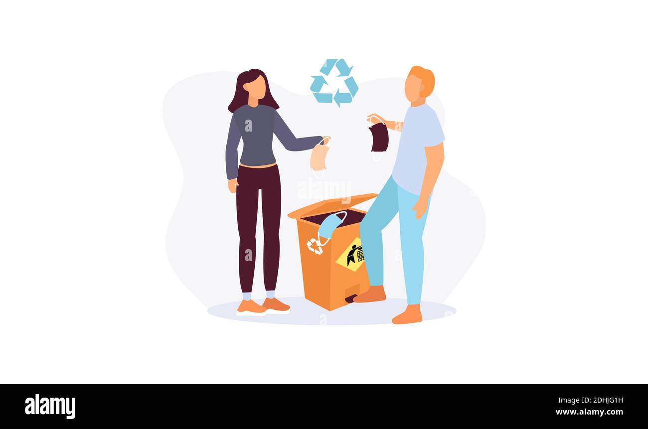 Man and woman throw face masks into trash for recycling. Vector