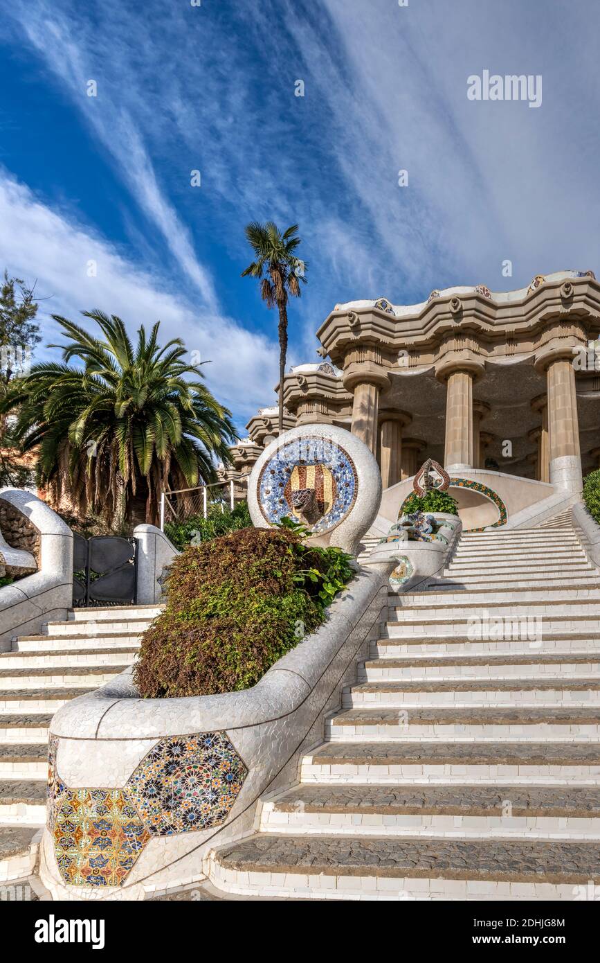 Fountain with the Snake Head, Park Guell, Barcelona, Catalonia, Spain Stock Photo