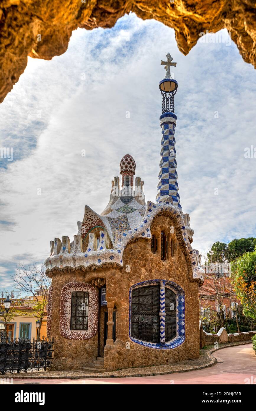 Porter's Residence pavilion, Park Guell, Barcelona, Catalonia, Spain Stock Photo