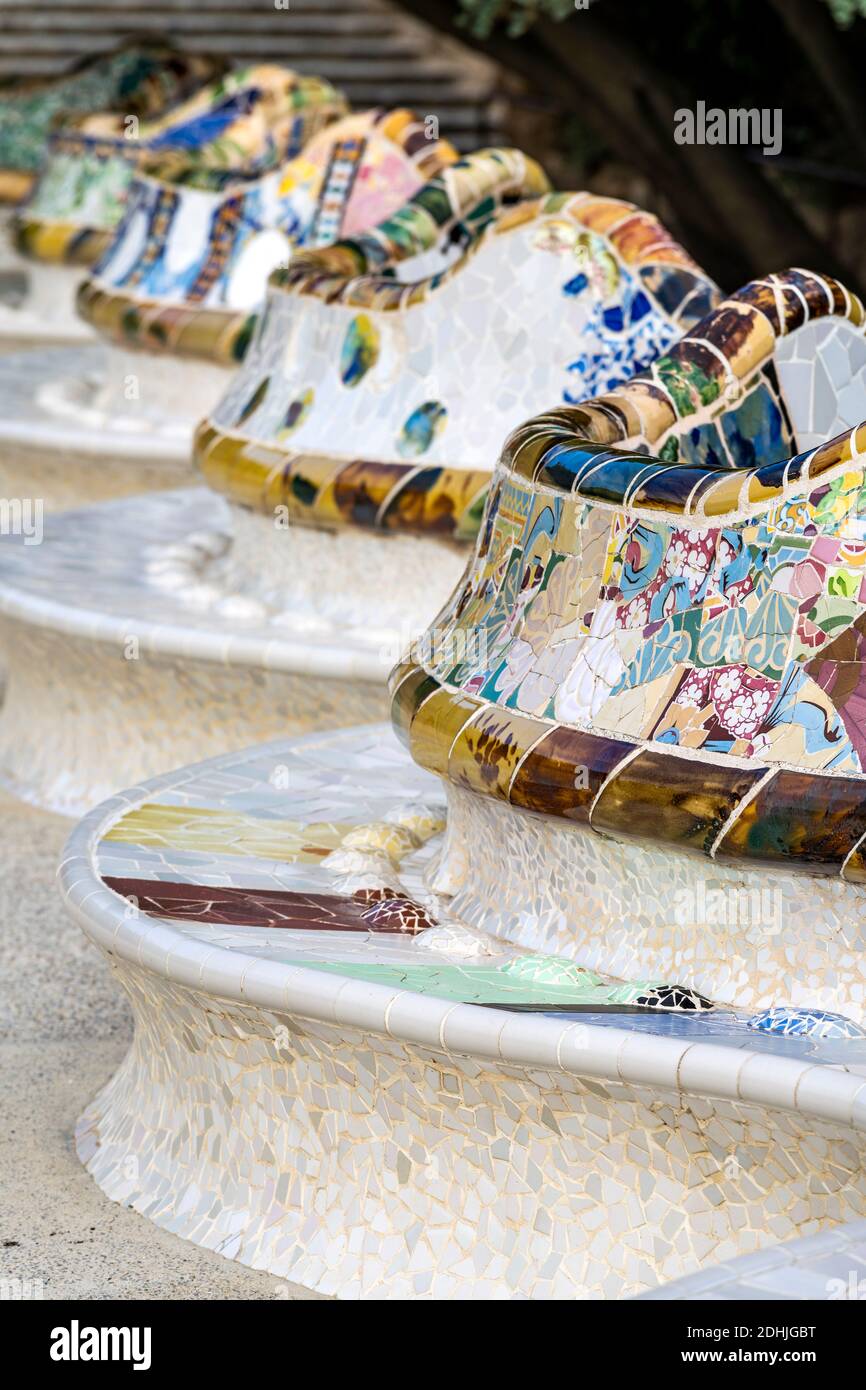 Tiled serpentine bench, Park Guell, Barcelona, Catalonia, Spain Stock Photo