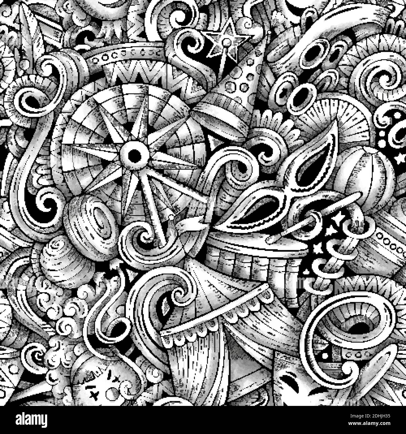 Amusement Park vector hand drawn doodles seamless pattern. Stock Vector