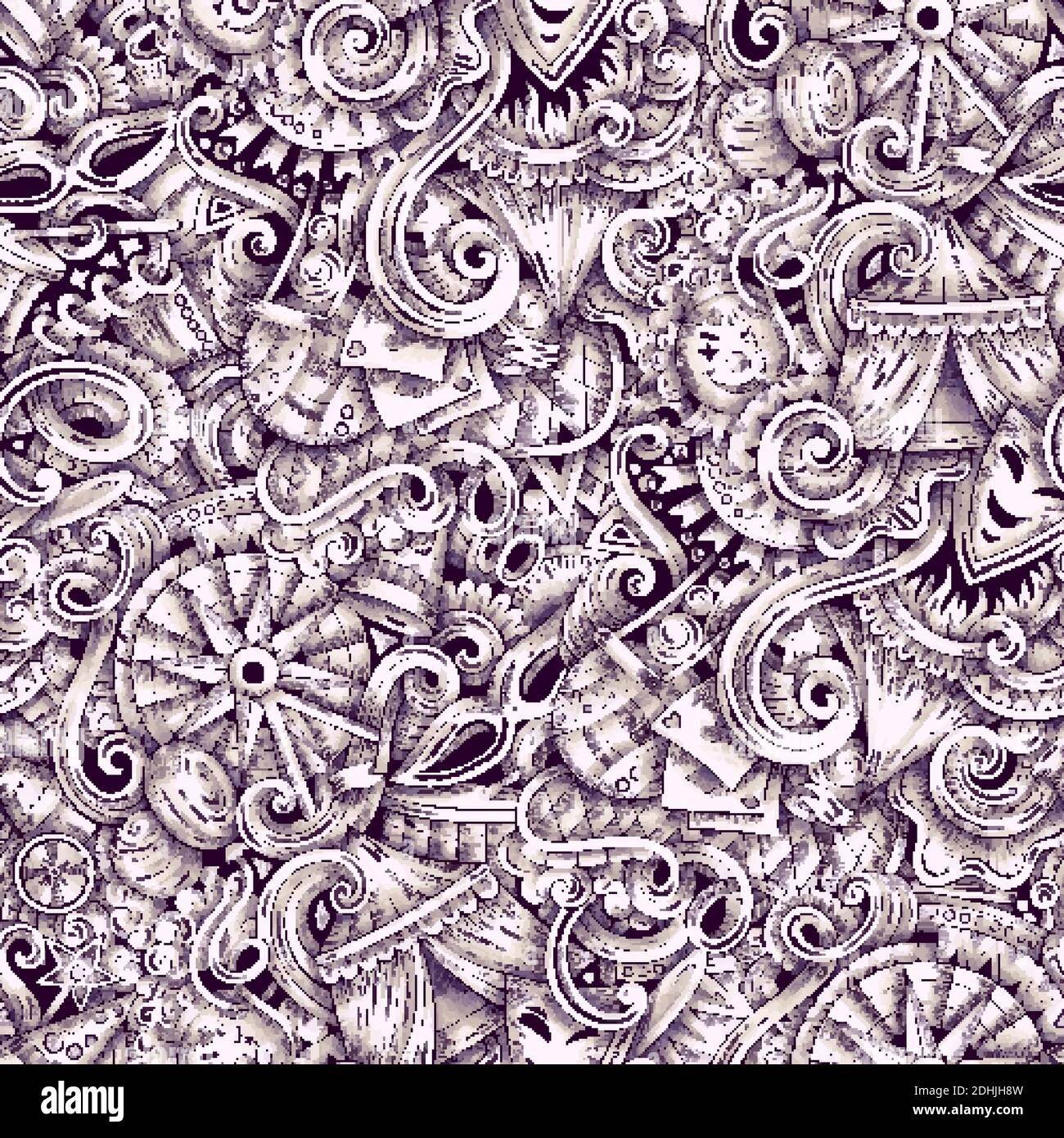 Amusement Park vector hand drawn doodles seamless pattern. Stock Vector