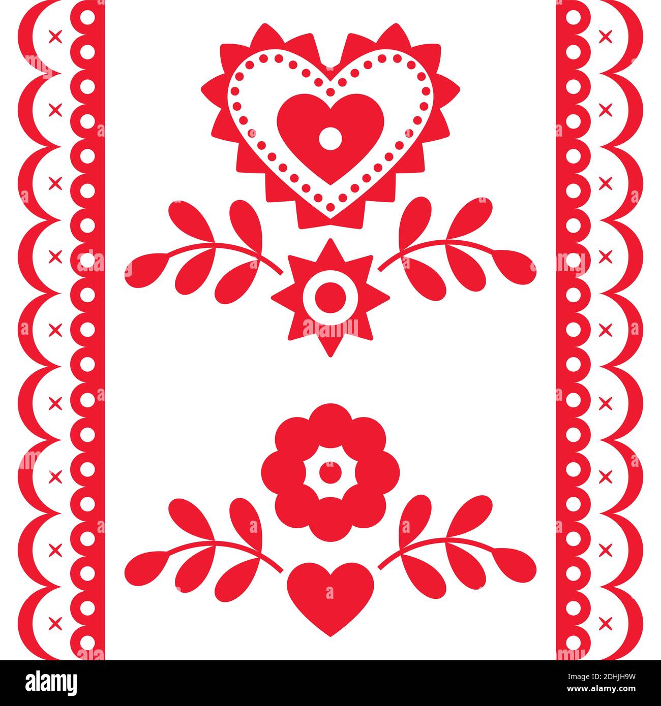 Ethnic Polish vector long seamless vector pattern, floral ornament with hearts inspired by traditional highlanders embroidery Lachy Sadeckie - textile Stock Vector