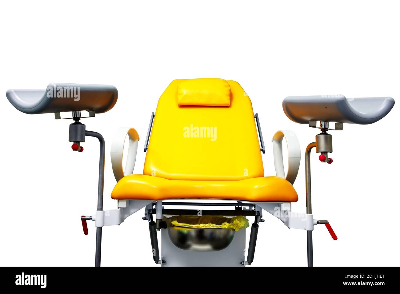 Gynecological chair yellow full-face on a white isolated background. Concept of medical examination of women. Stock Photo