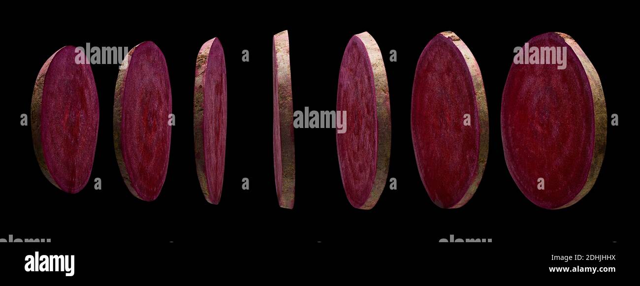 Beetroot slices levitating in the air on black background Stock Photo