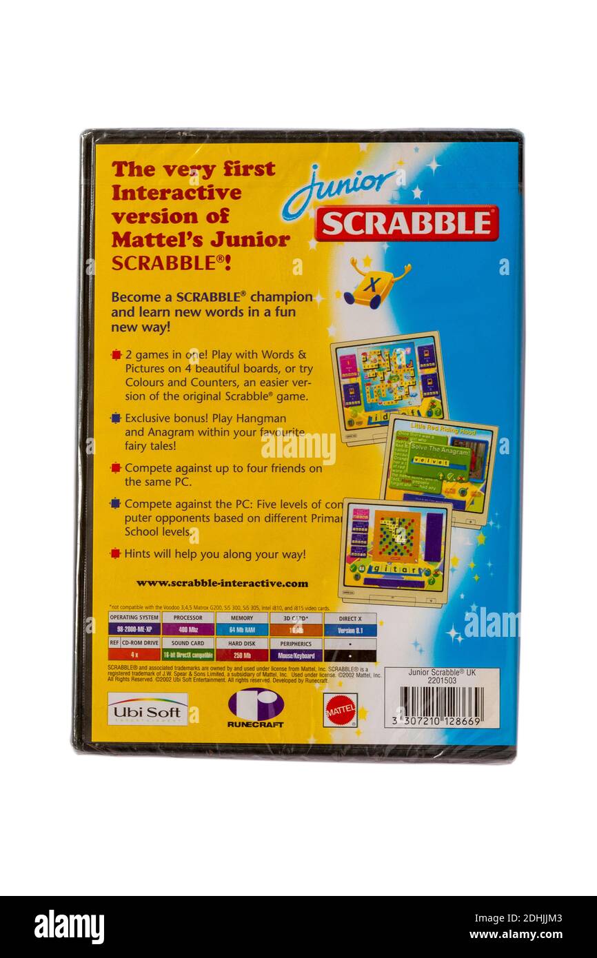 Junior Scrabble PC game set on white background - information on back of case Stock Photo