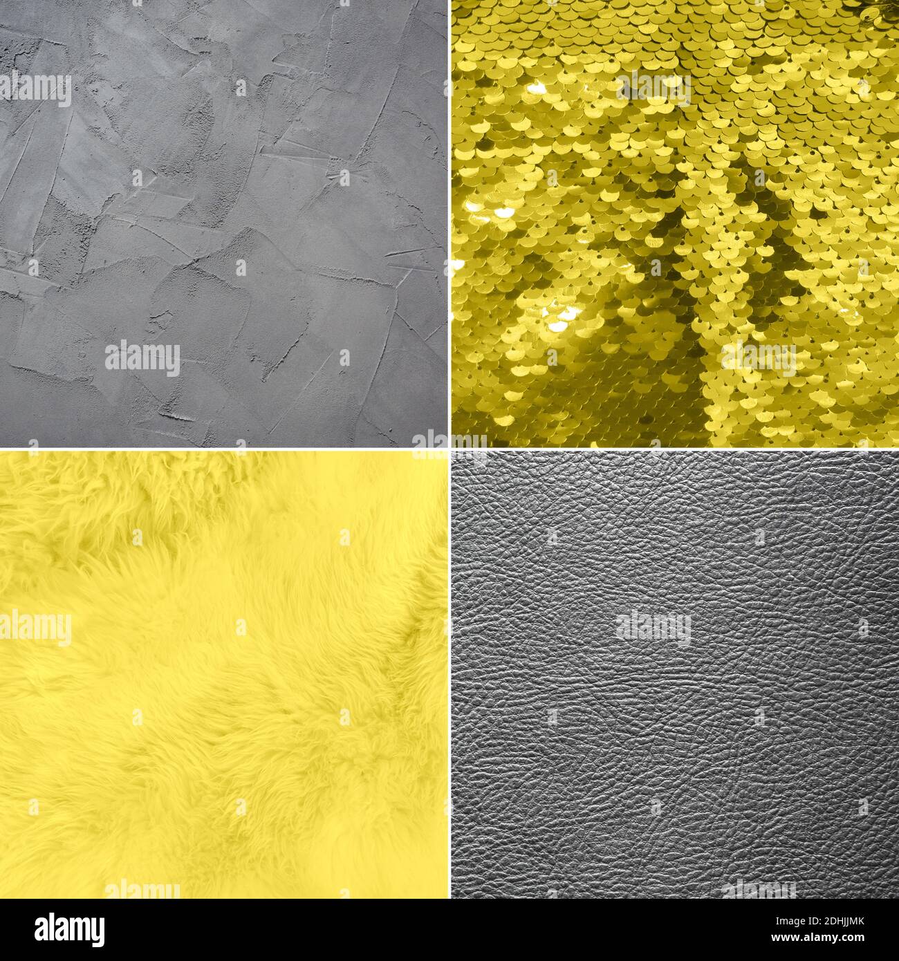 Square collage of different texture fur, leather and sparkles yellow and grey color. Trendy Ultimate Grey and Illuminating of the 2021 year. Stock Photo