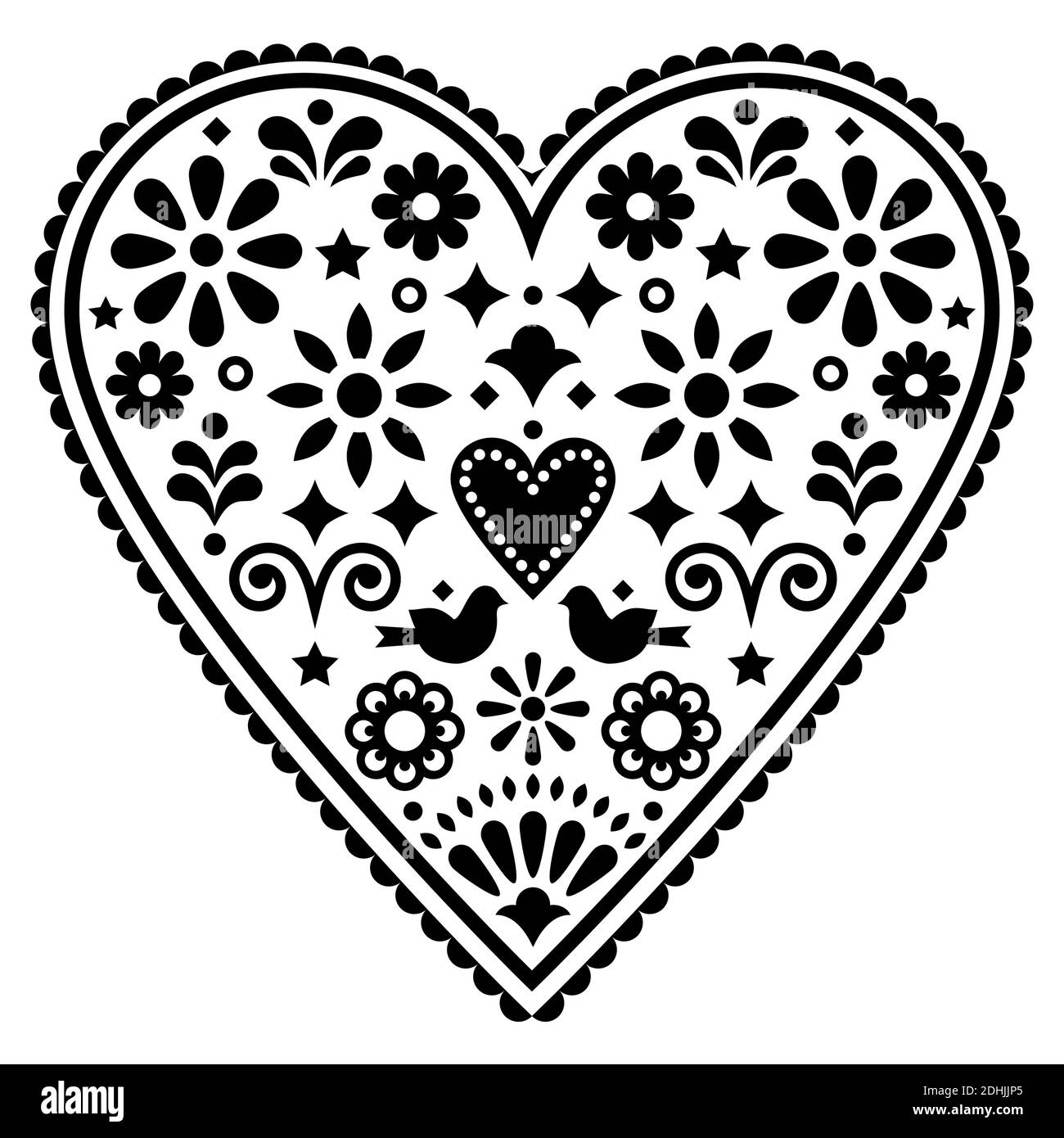 Mexican heart folk art vector design, monochrome Valentine's Day or wedding invitation greeting card with birds and flowers Stock Vector