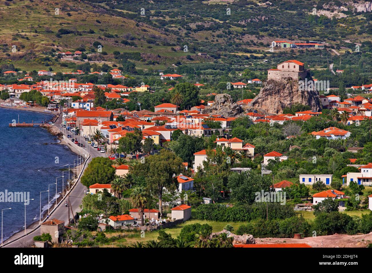 Petra village, panoramic view of one of the most iconic traditional villages on Lesvos island. At the background is seen the rock hill of Holy Mary. Stock Photo