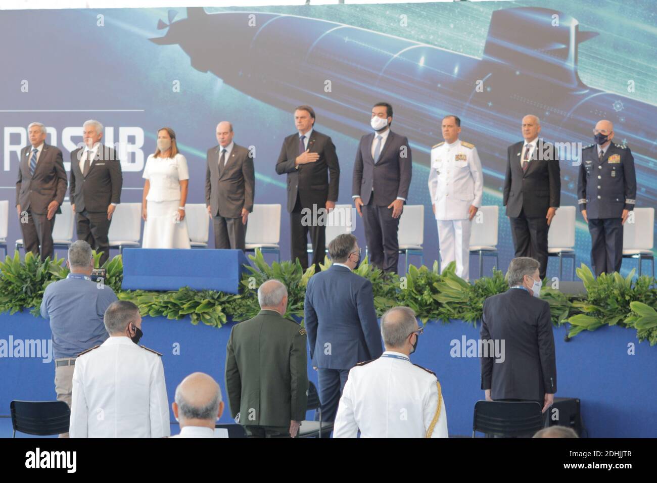 Itaguai, Brazil. 11th Dec, 2020.  LANÇAMENTO DO SUBMARINO HUMAITÁ - President Jair Bolsonaro, during the Launching Ceremony of the Submarine Humaitá and Integration of the hull of the submarine Toneleiro, held this morning (11, at the Naval Complex of Itaguaí on the island of Madeira in the city of Itaguaí, RJ. Credit: Foto Arena LTDA/Alamy Live News Stock Photo