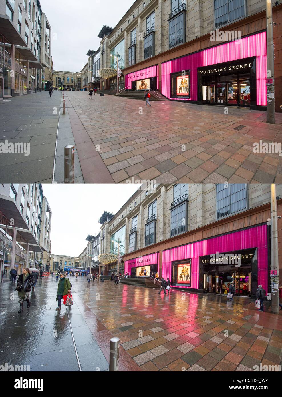Glasgow, Scotland, UK. 11th Dec, 2020. Pictured: The top end of Buchanan Street; (left) Image taken 10th December. (right) image taken today, 11th December. Composite images taken 24 hours apart, showing Glasgow's city ‘style mile' which is Buchanan Street showing the quiet scenes when it was in phase 4 lockdown on the 10th December 2020. Today 11th December Glasgow is in phase 3 lockdown where all non-essential shops are open, giving shoppers the chance to grab a last minute bargain for Christmas. Credit: Colin Fisher/Alamy Live News Stock Photo