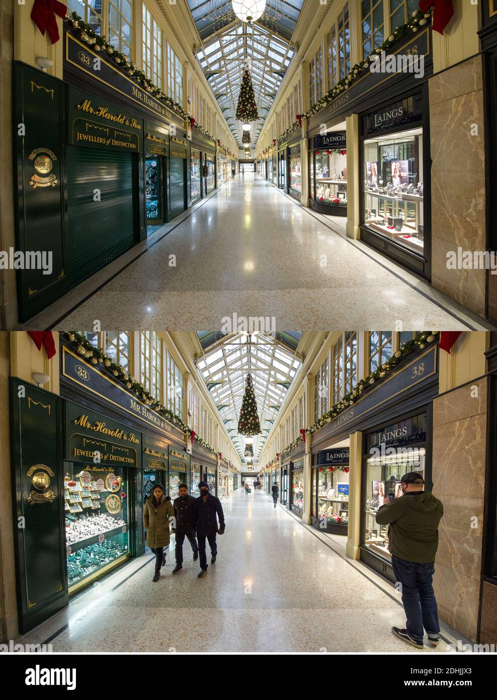 Glasgow, Scotland, UK. 11th Dec, 2020. Pictured: The Jeweller's Arcade; (left) Image taken 10th December. (right) image taken today, 11th December. Composite images taken 24 hours apart, showing Glasgow's city ‘style mile' which is Buchanan Street showing the quiet scenes when it was in phase 4 lockdown on the 10th December 2020. Today 11th December Glasgow is in phase 3 lockdown where all non-essential shops are open, giving shoppers the chance to grab a last minute bargain for Christmas. Credit: Colin Fisher/Alamy Live News Stock Photo