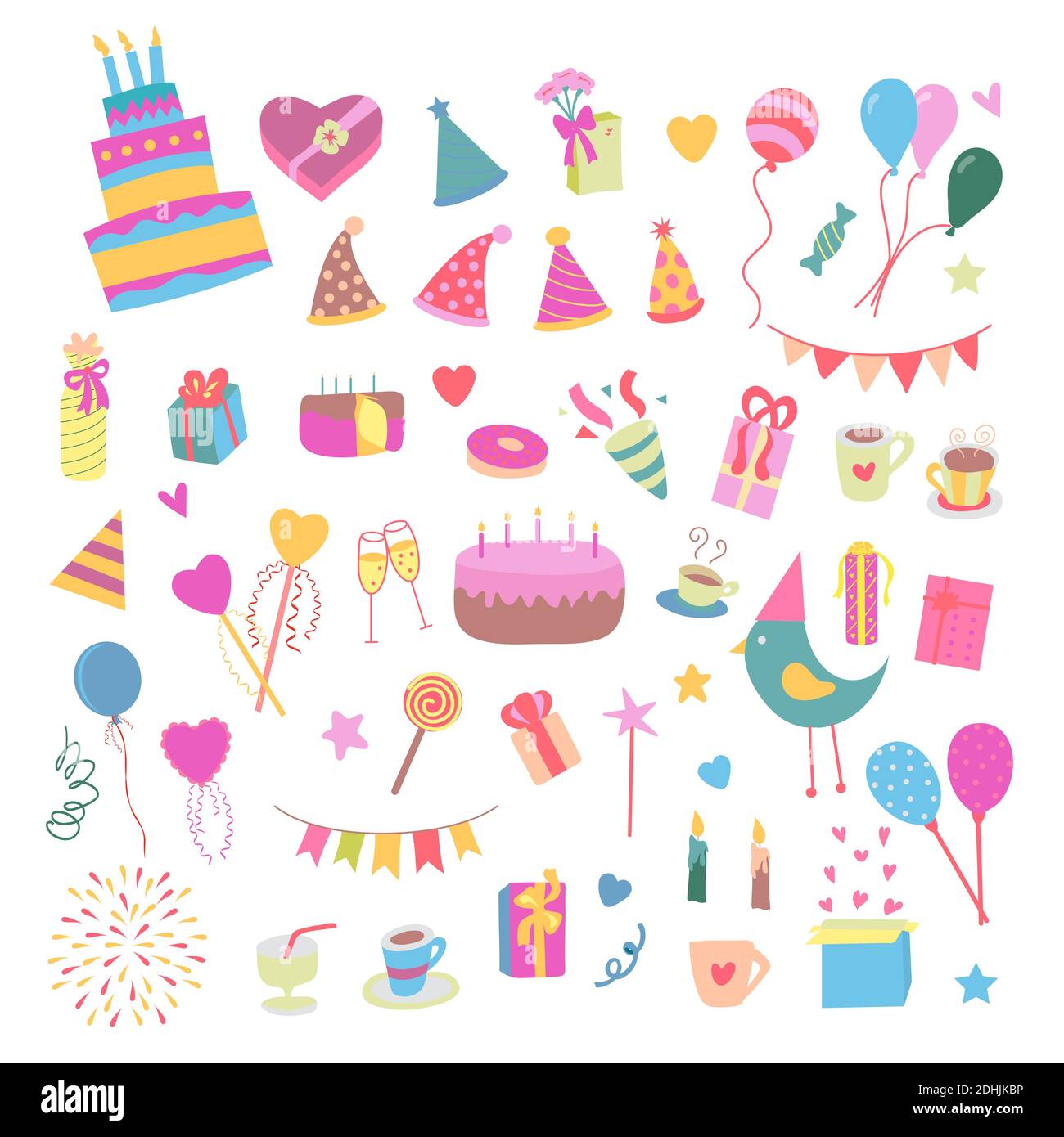 Vector illustration birthday party colorful accessories and decoration, sweet treats, cakes, balloons, candies, gifts in flat cartoon style. Stock Vector