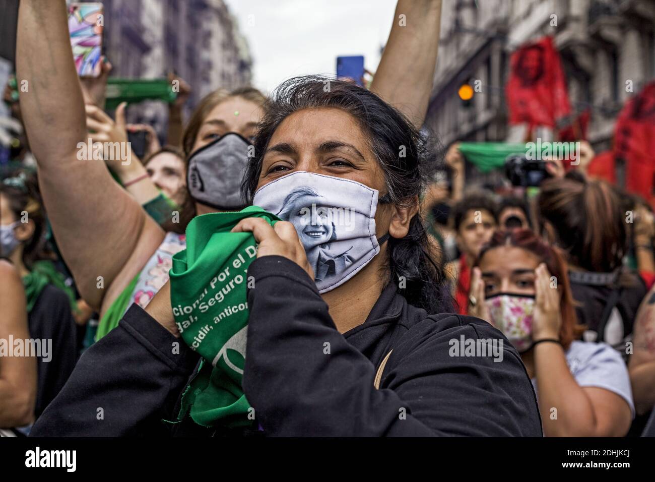 December 11, 2020, Buenos Aires, Federal Capital, Argentina: After 20 hours of debate, Deputies gave half a sanction to the abortion legalization project, now it must be dealt with in the Senate, where tighter numbers are expected, with a vote-by-vote definition..Meanwhile, outside Congress ''green'' and ''blue'' militants, who had begun to arrive at noon, held a vigil throughout the night, awaiting the resolution. Finally, those who want ''it to be law'' ended up celebrating. (Credit Image: ©  Roberto Almeida Aveledo/ZUMA Wire) Stock Photo
