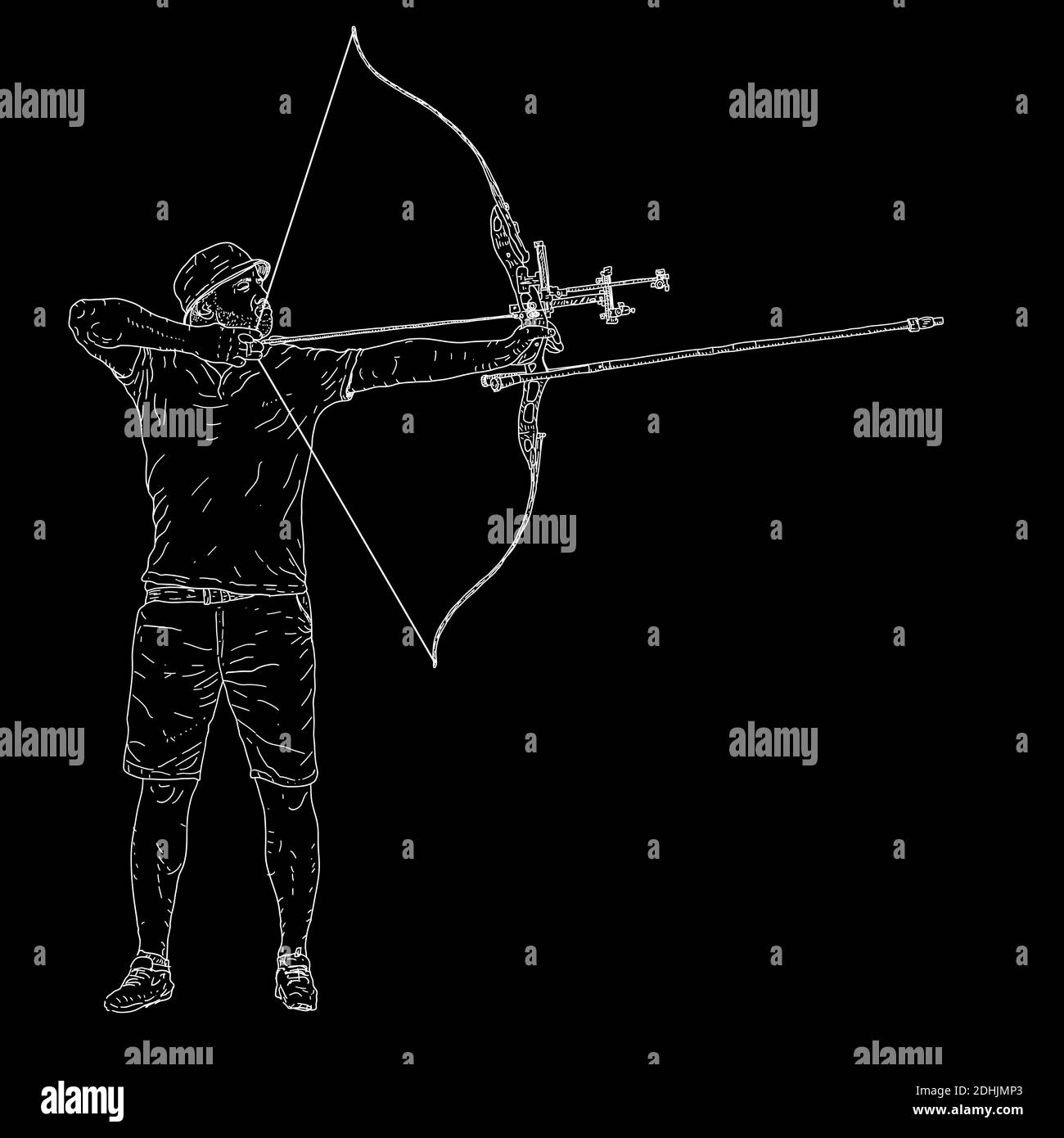 Sketches silhouettes attractive male archer bending a bow and aiming in