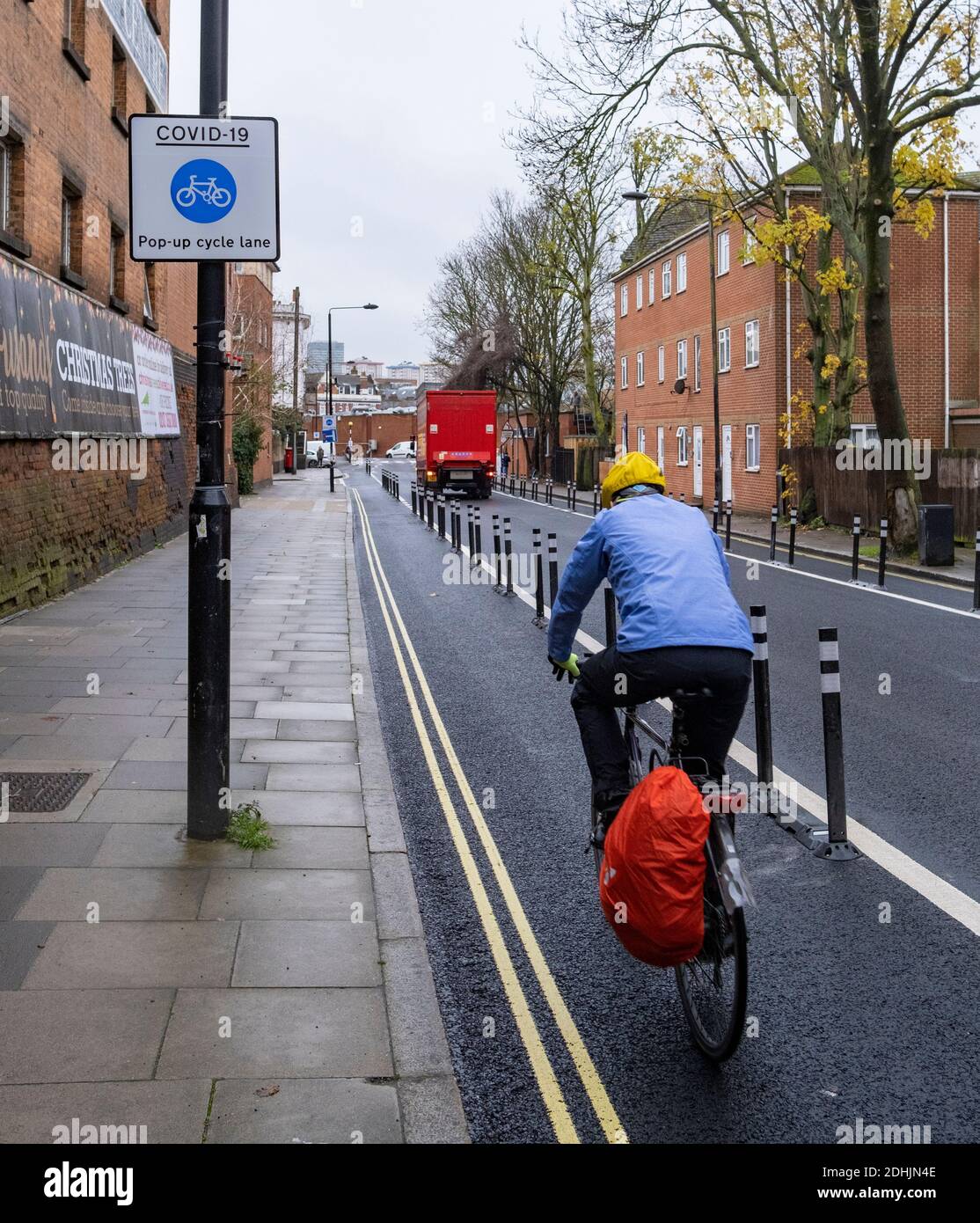 Camden Town, London, December 2020: a Covid-19 pop-up cycle lane created to increase capacity for alternative transport during the pandemic Stock Photo