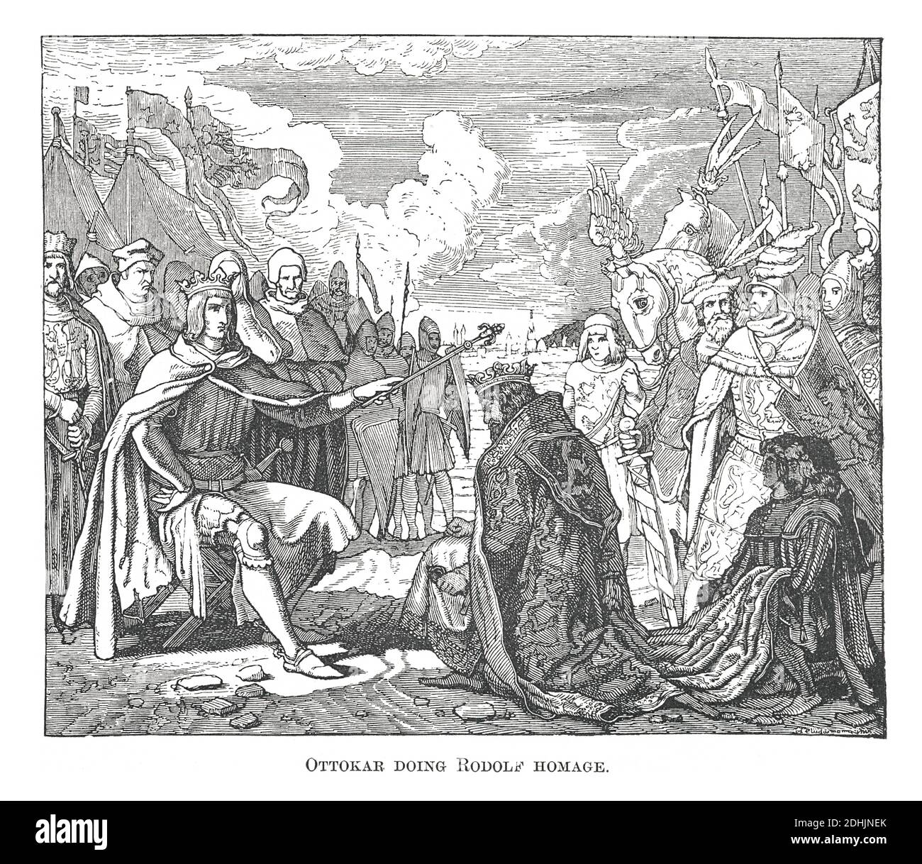 19th-century illustration of Ottokar II of Bohemia doing Rodolf I of Germany Homage (antique engraving). Original artwork published in 'A pictorial hi Stock Photo