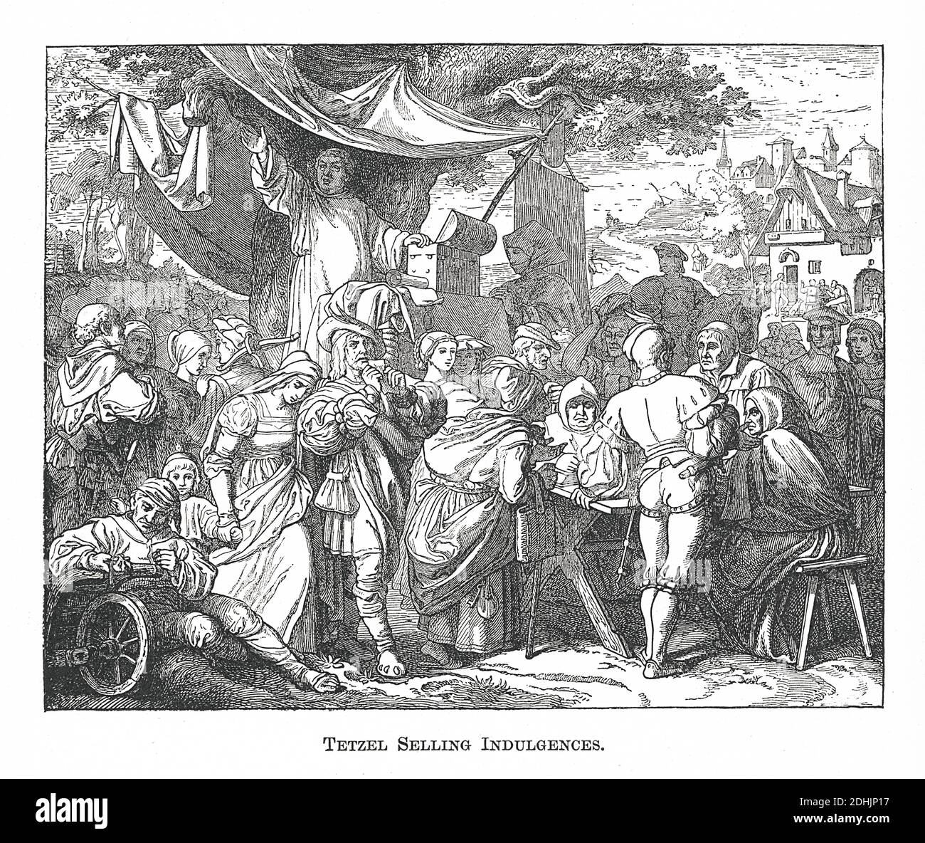 19th-century illustration of a scene where Tetzel selling indulgences. Johann Tetzel (1465 – 1519) was a Roman Catholic German Dominican friar Stock Photo