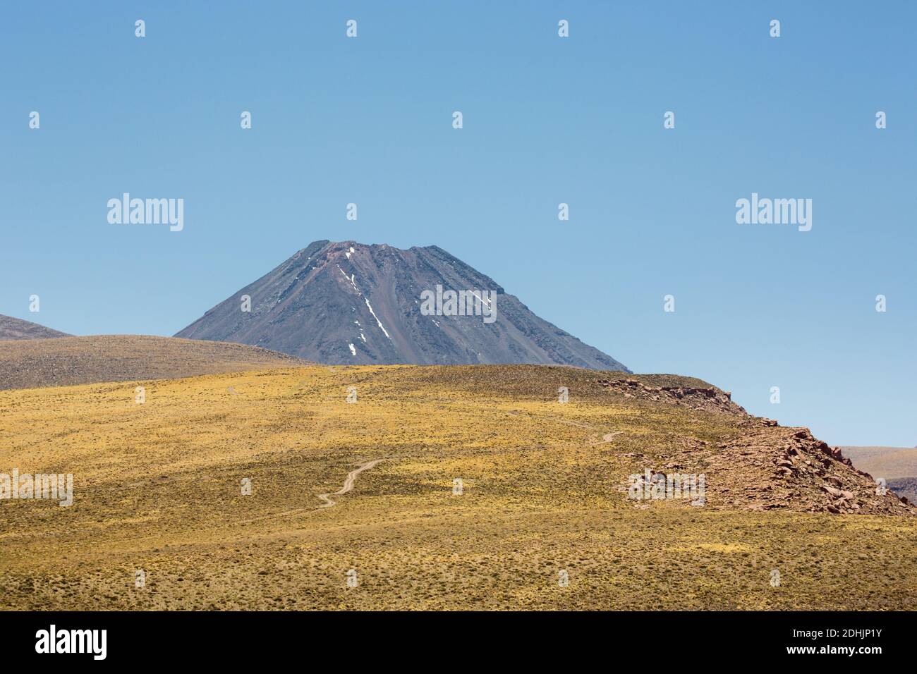 Volcano Chiliques rises above the high altitude grasslands of the Andes altiplano, Chile Stock Photo