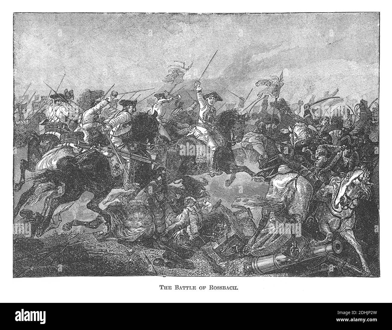 19th-century illustration of a scene of the battle of Rossbath.  Battle of Rossbach (November 5, 1757) took place during the Seven Years' War (1756–17 Stock Photo