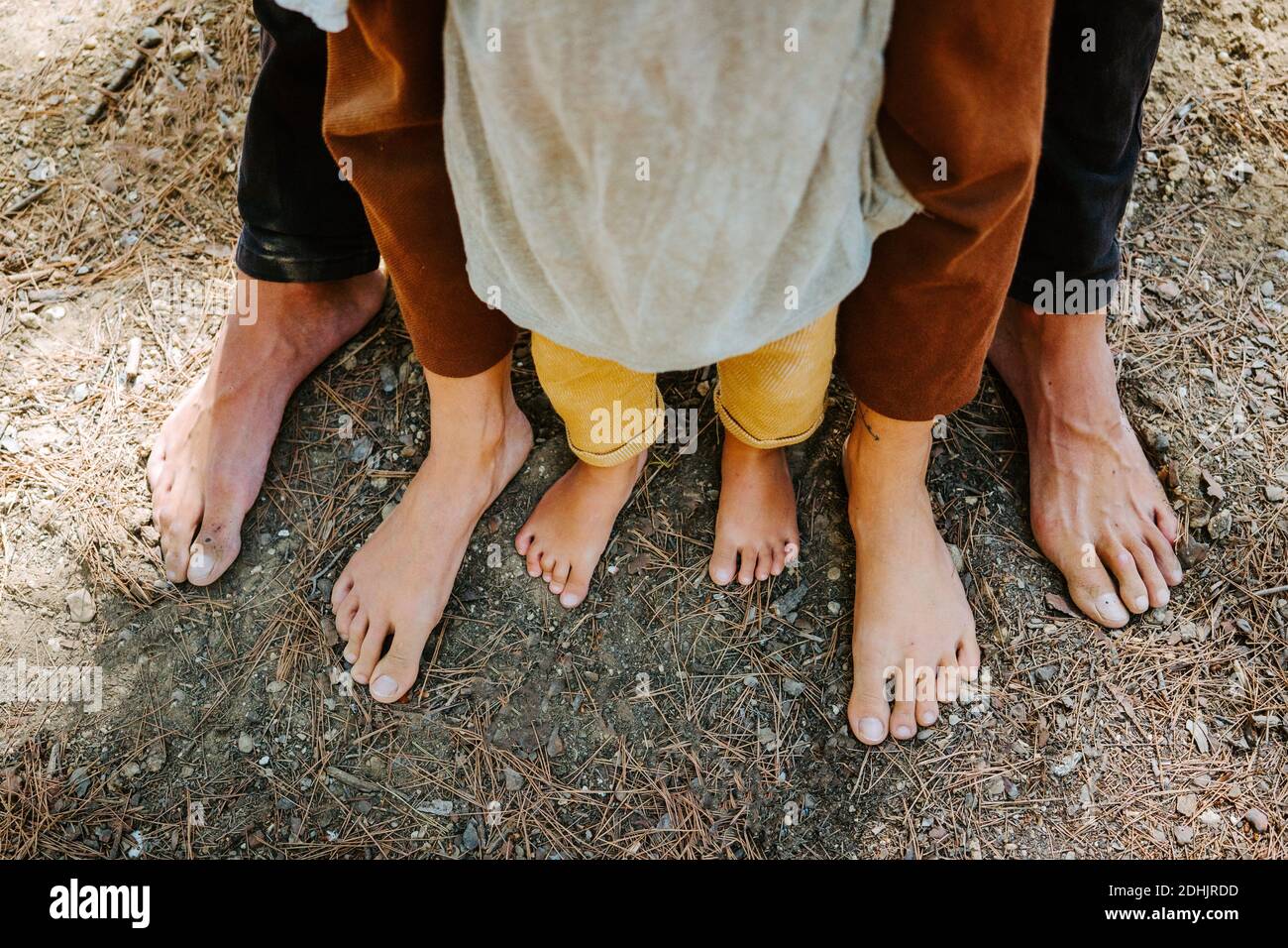 From above of barefoot legs of crop family standing together on ground in forest on sunny day Stock Photo
