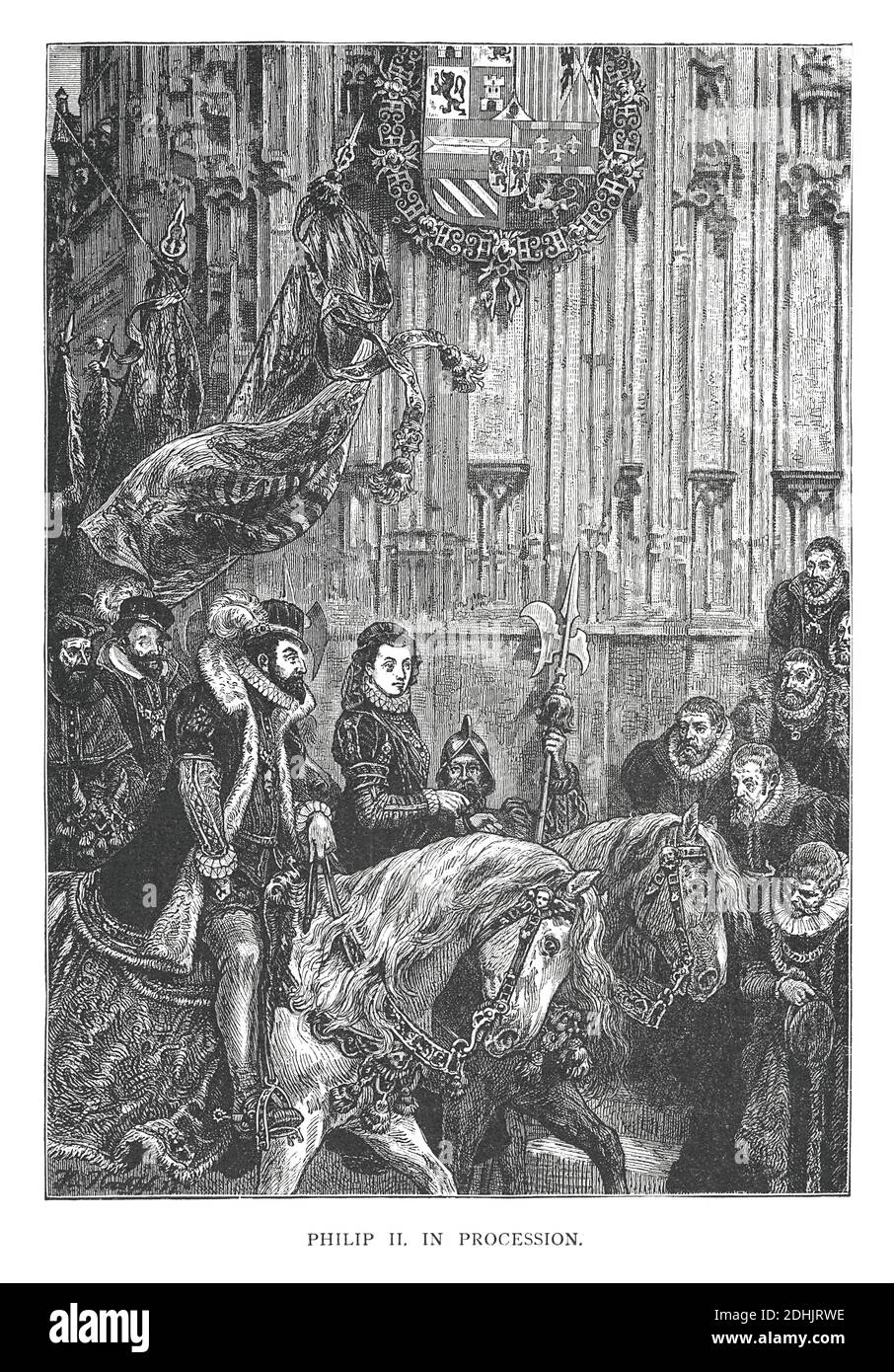 19th-century illustration of the scene Philip II in procession. Philip II Augustus (21 August 1165 – 14 July 1223), was the King of France from 1180 t Stock Photo