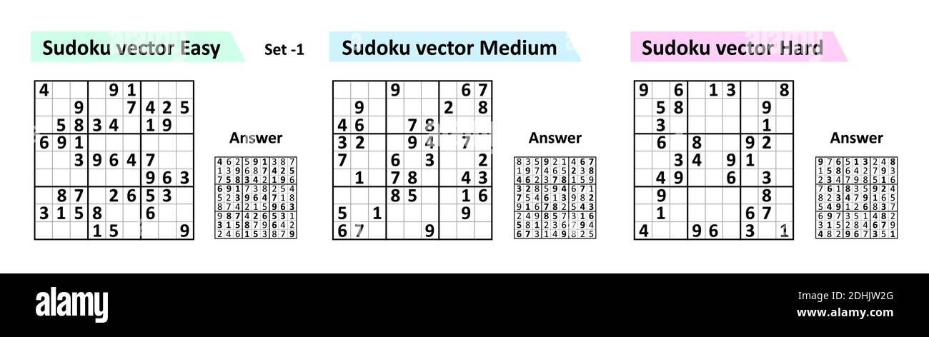 Sudoku game with answers. Simple vector design set Sudoku. Blank template. Stock Vector
