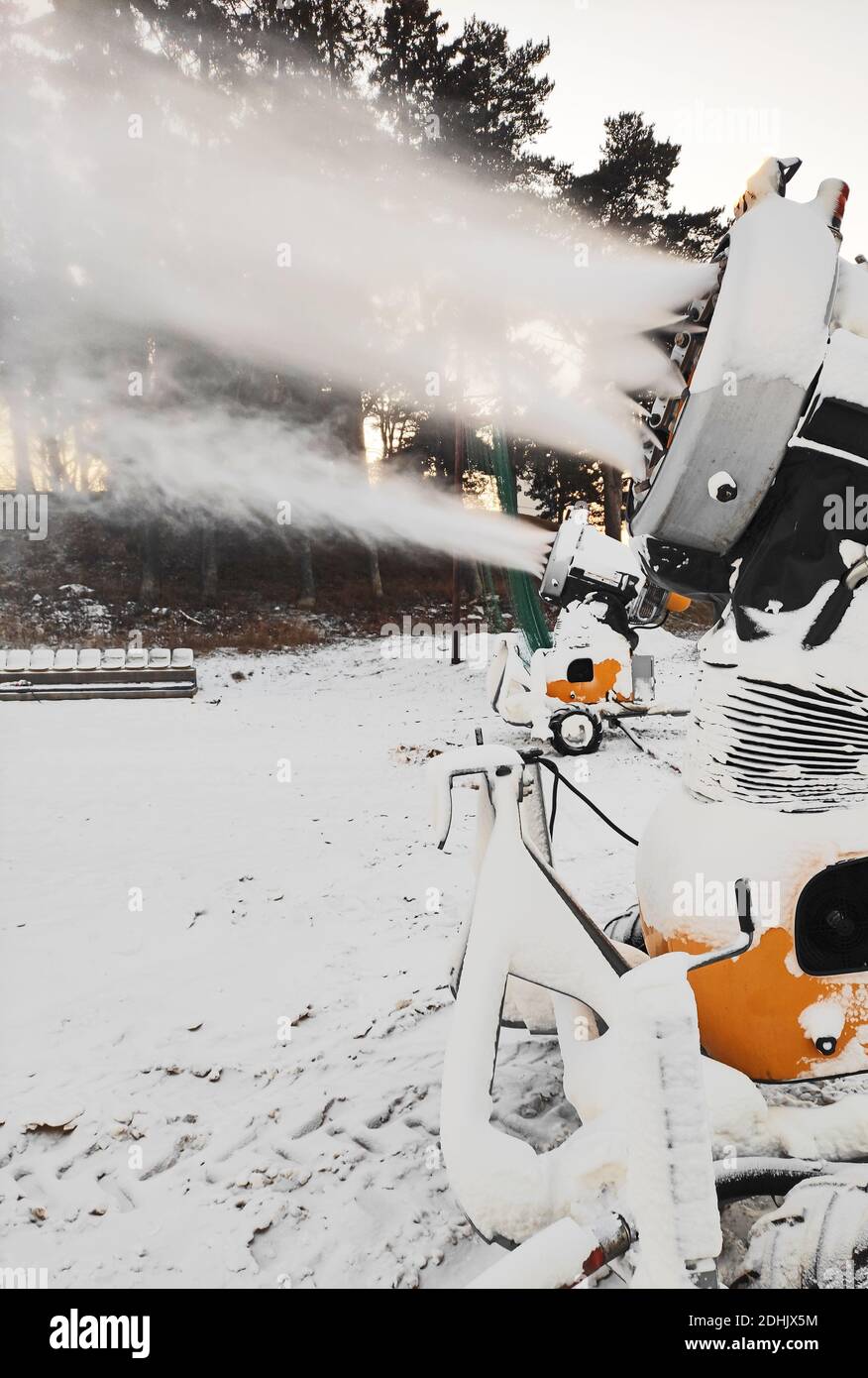 Mobile snow guns for production of artificial snow. Stock Photo
