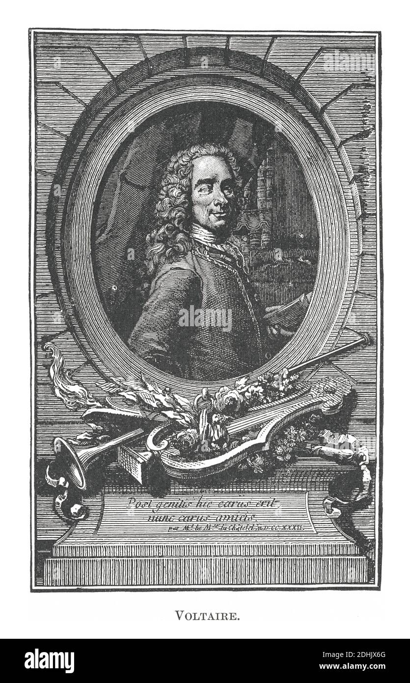 19th-century illustration of portrait of François-Marie Arouet (21 November 1694 – 30 May 1778), known by his nom de plume Voltaire, was a French Enli Stock Photo