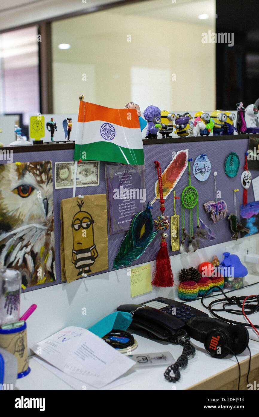 Office workplace desk in Mumbai with India flag,  Mumbai, India Stock Photo