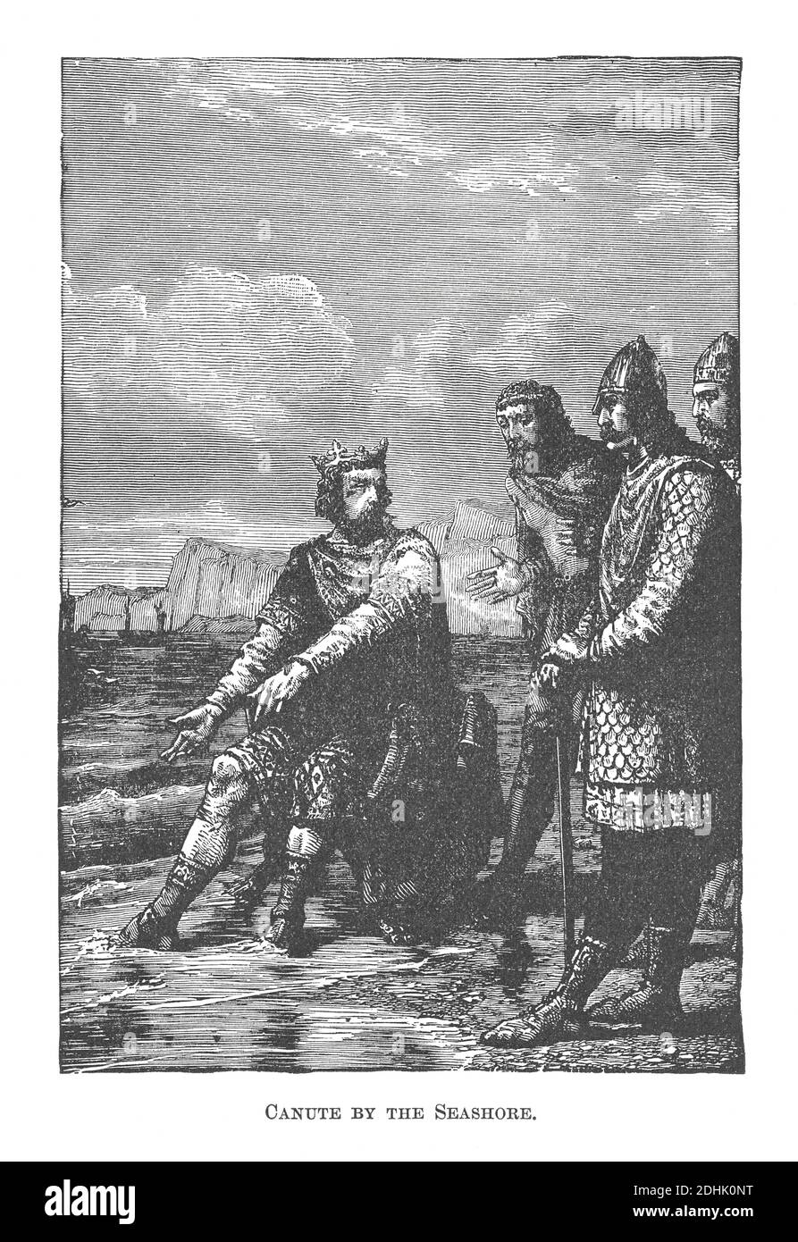 Canute I the Great (c.995-1035), Viking King of England, Denmark, Norway,  Canute demonstrating to his flatters that only God can command the tides,  From The Imperial History of England by Theophilus Camden (